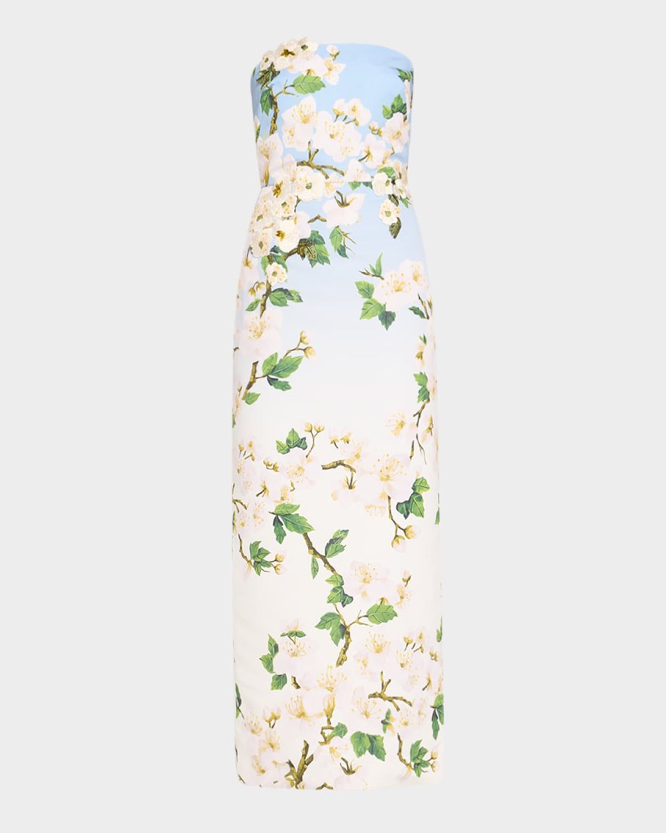 Strapless Cherry Blossom Ombre Embroidered Gown